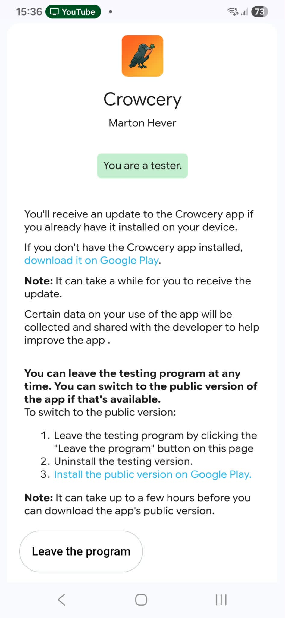 You are a tester — tap the highlighted 'download it on Google Play' link