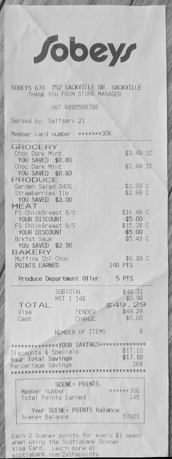 The receipt tightly cropped, upright, in grayscale, ready for OCR